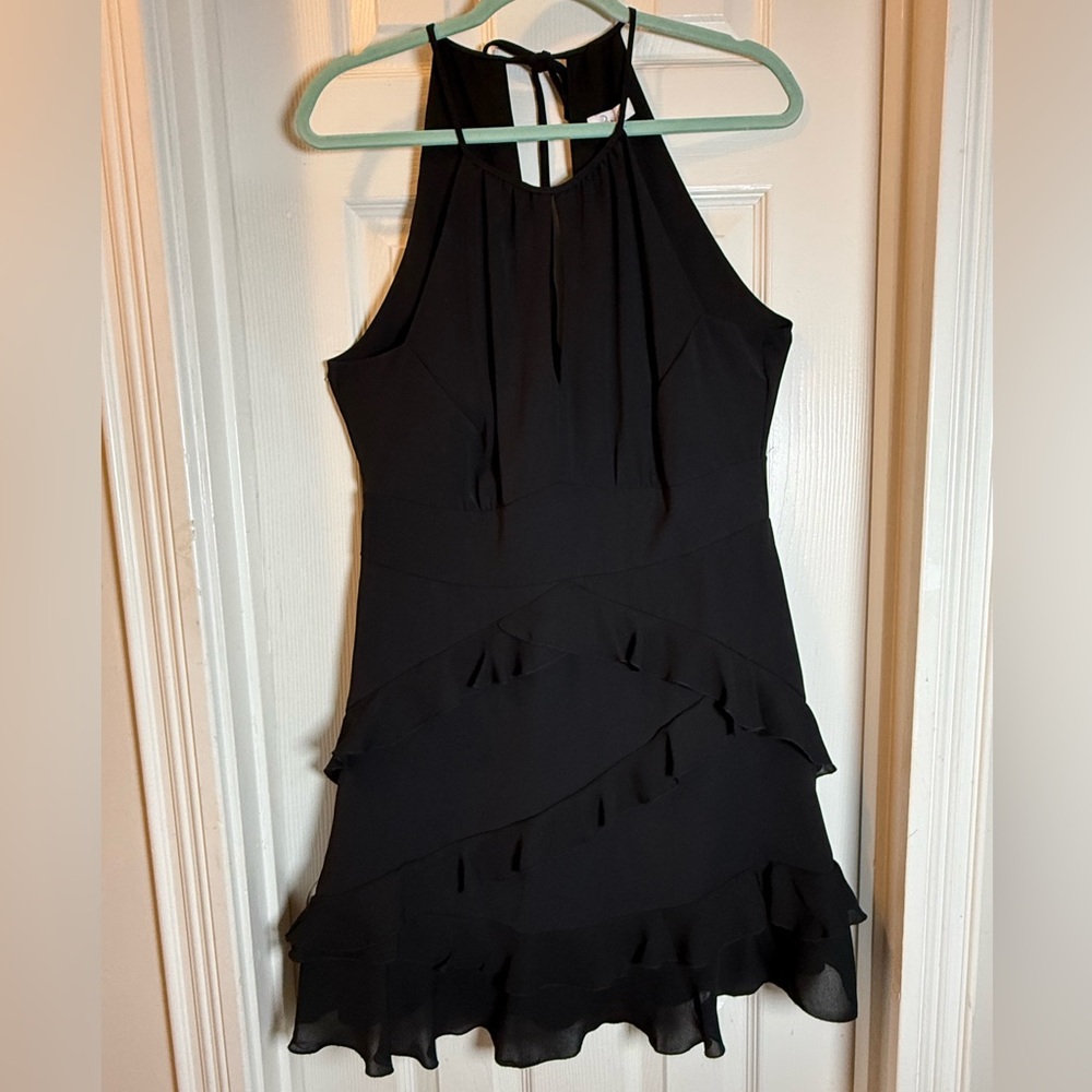 Flirty Parker Black Dress Power Glam Triple Ruffle Razor Neckline Flowy Flouncy